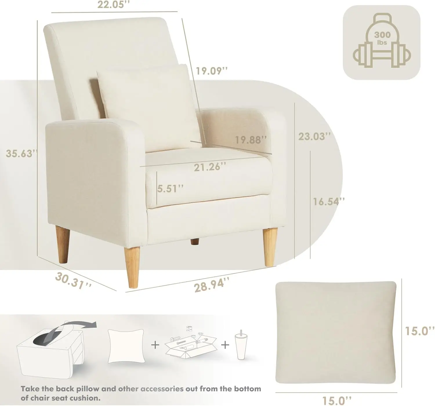 Modern Upholstered Accent Chair Armchair with Pillow,Single Sofa with Lounge Seat and Wood Legs, Beige