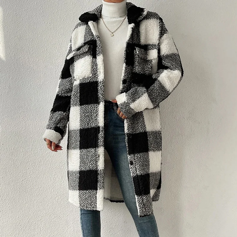 Frauen dicke Woll mischungen Polyester Mantel Revers Plüsch Mantel lange Jacke Herbst Winter Pringting Spleiß