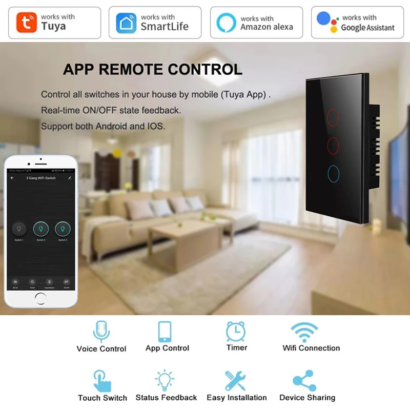 Imagem -02 - Zigbee-touch Interruptor de Luz Painel de Vidro Tuya App Smart Touch Switch Gang a Gang Way Way Way Saa Aprovação