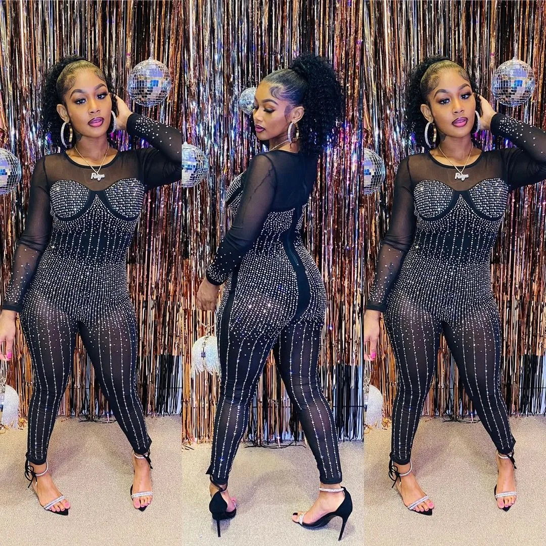 نحيل حجر الراين نادي رومبير مثير المرأة س الرقبة Bodycon لامعة شبكة حزب وزرة بذلة