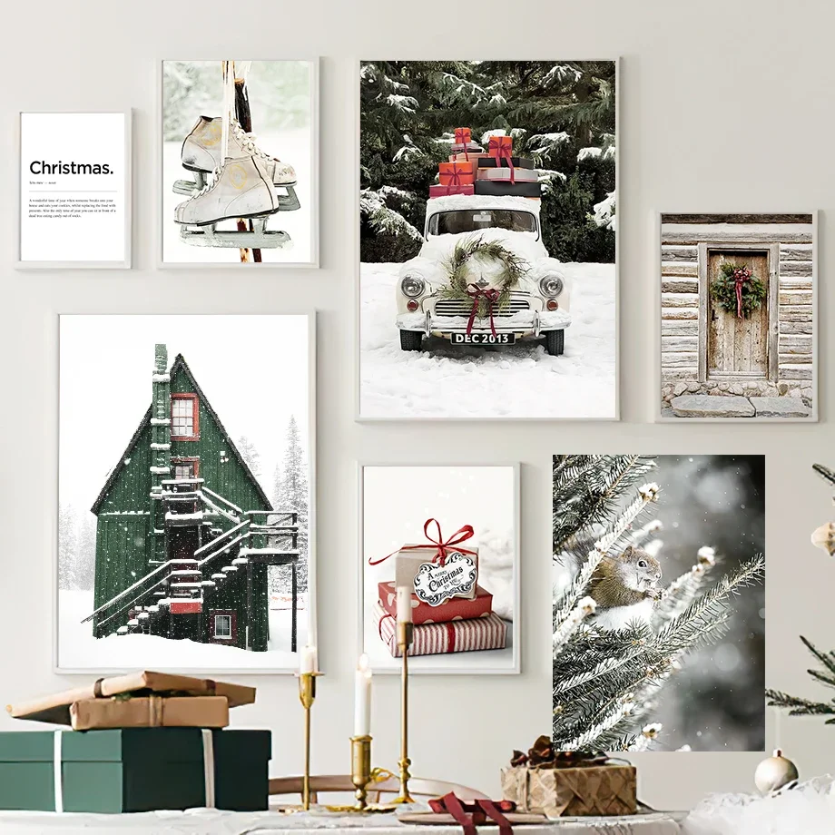 Christmas Gift Green House Deer Squirrel Nordic Posters Minimalist Print Canvas Painting Wall Art for Living Room Home Decor