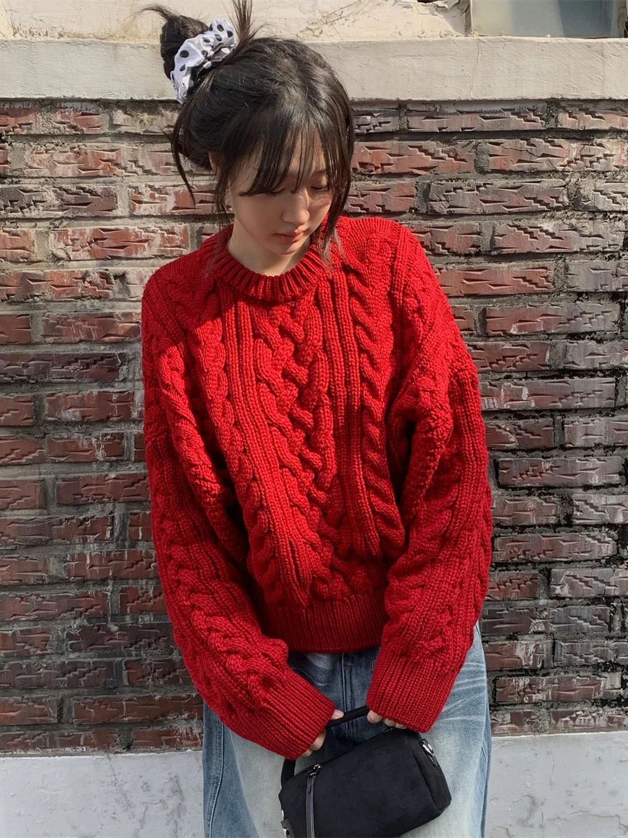 سترة محبوكة فضفاضة الكورية Sle خمر تويست دافئ كسول Sle إبرة كبيرة سترة حمراء مستديرة Ne للنساء #1