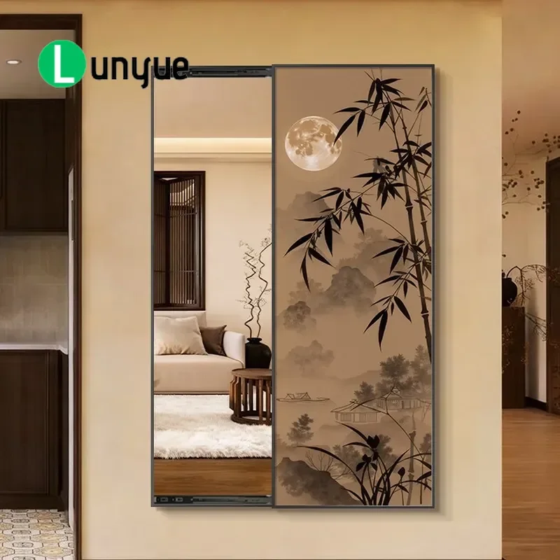 Hidden Full Body Mirror Decorative Painting Chinese Style Push Pull Closed Wall Art for Bedroom Living Room Space Saving Home