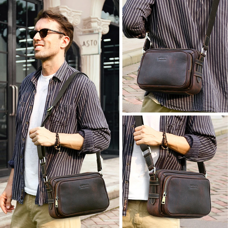 CONTACT\'S Genuine Leather Small Messenger Bag Vintage Male Crossbody Bag Travel Sling Shoulder Bags Designer Handbag Bolso