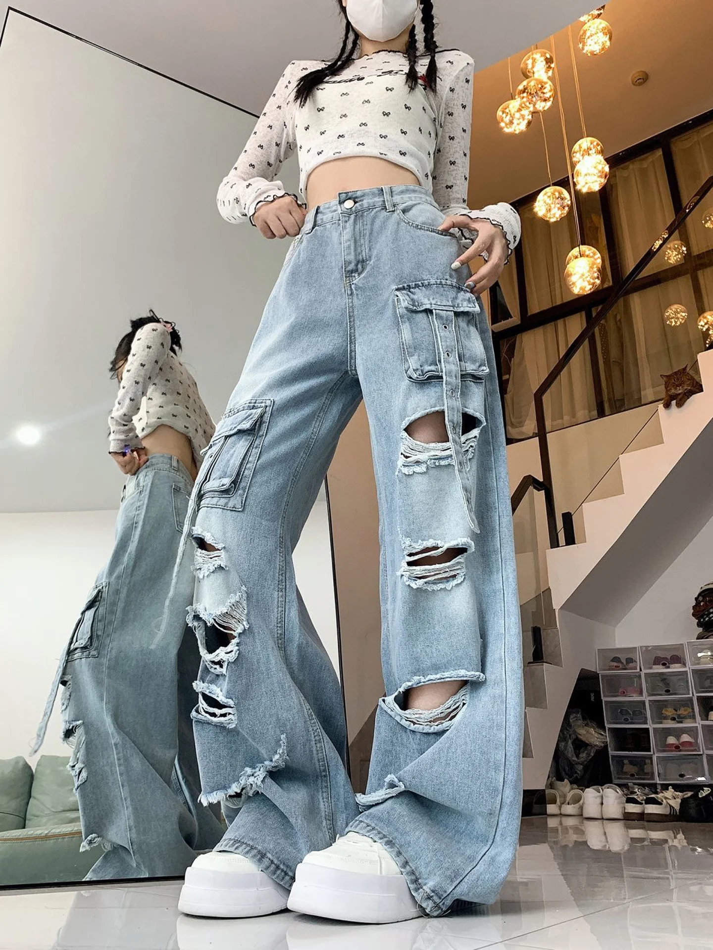 Retro American Style High Street Workwear Denim Pants Women's Fashion Design Sense Small Audience Drapey Floor-Length Wide Le...