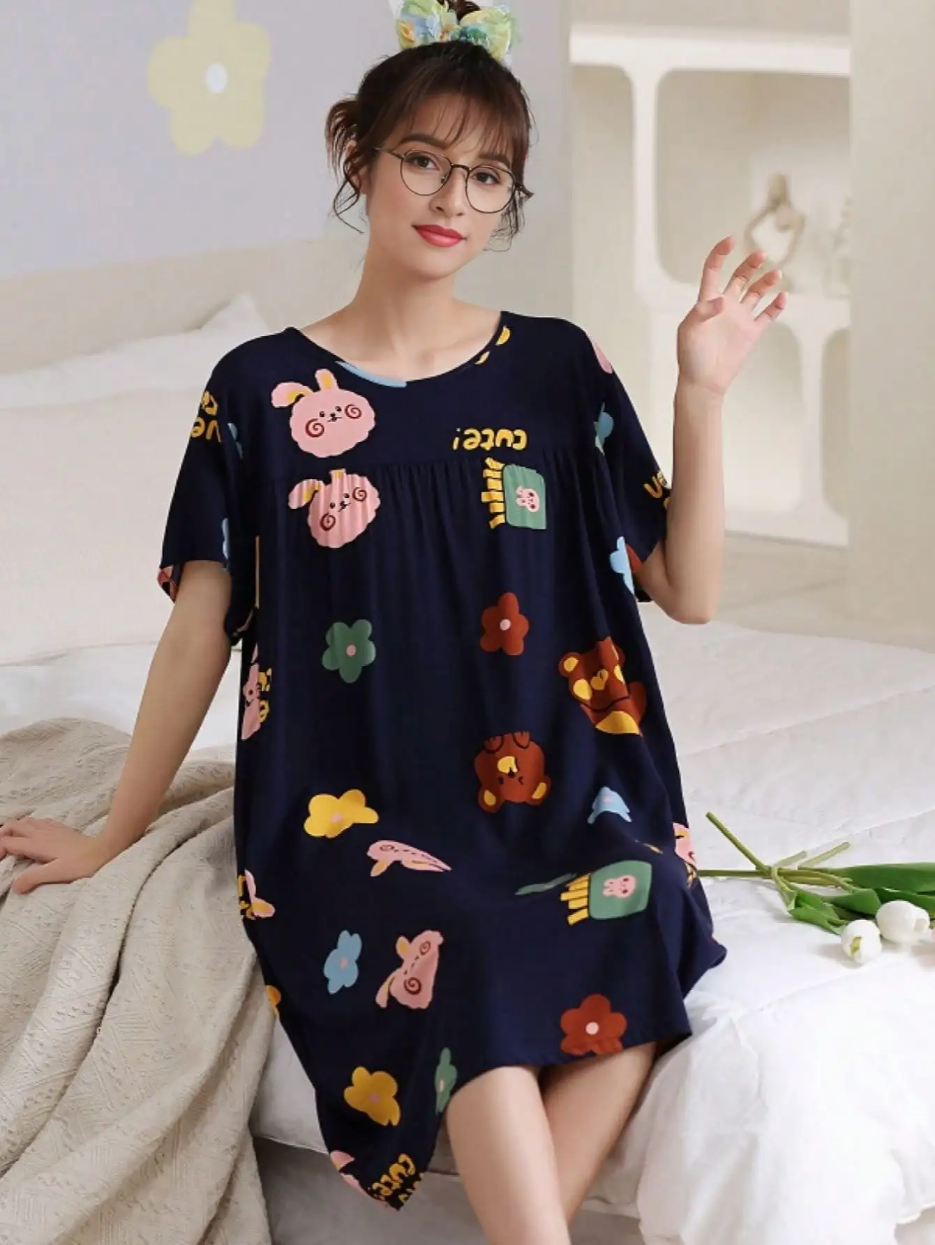 1 Korean version of cotton silk nightdress women short-sleeved pajamas summer rayon cotton loose comfortable home wear