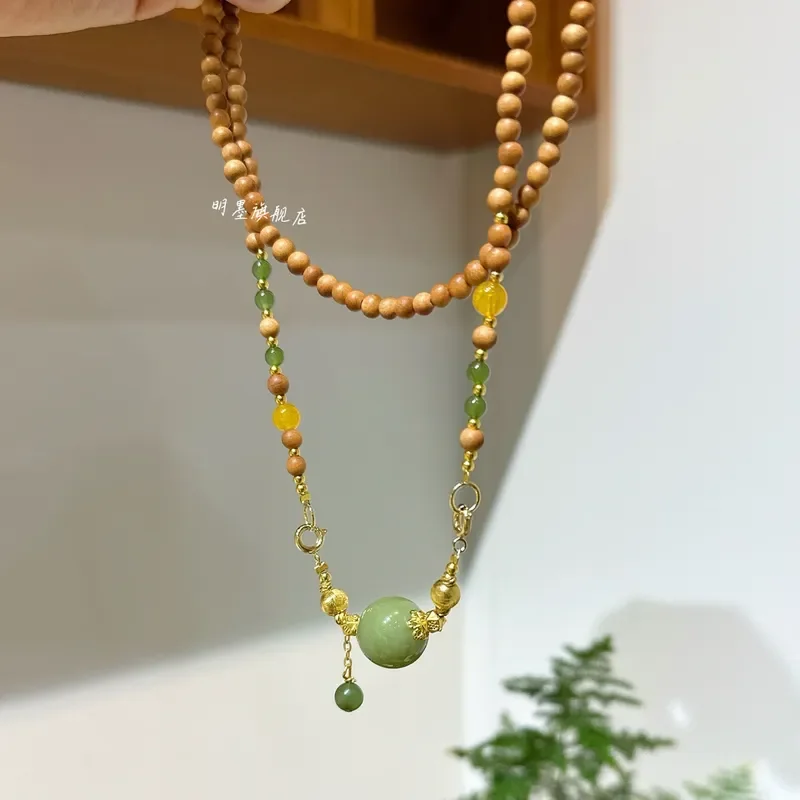 New Chinese Old Mountain Sandalwood Necklace Hetian Jade Big Pearl Jasper Moisturizing Temperament Ancient Necklace Sweater