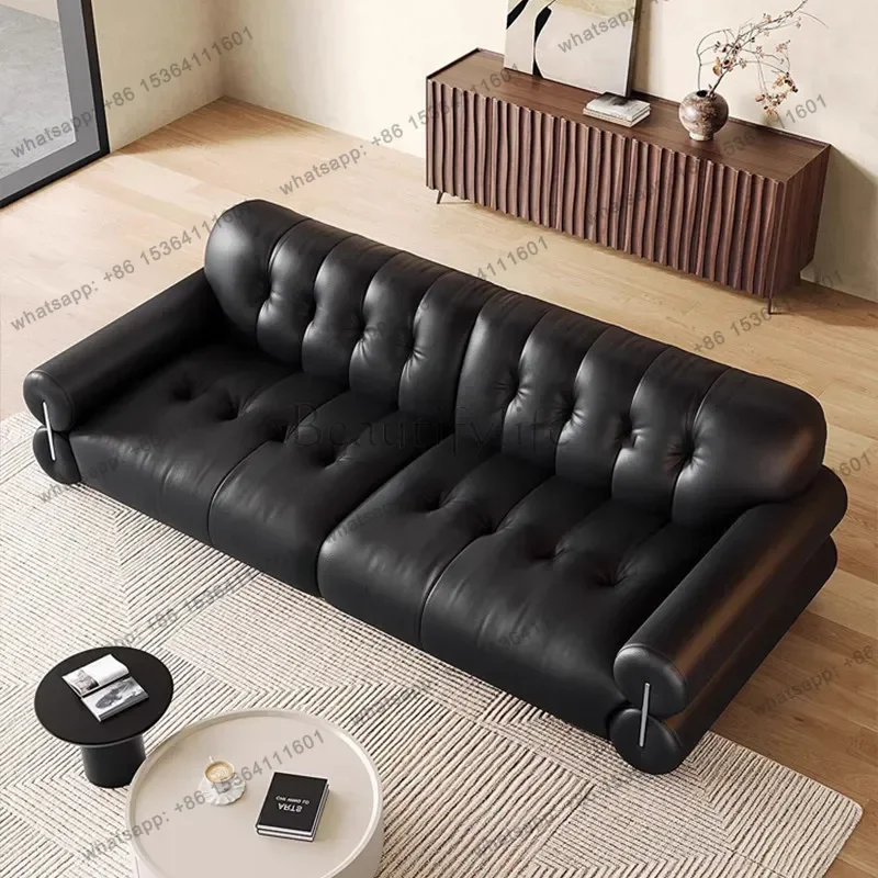LJY Living Room Sofas And Seating Couch Furniture Home Luxury Modern Italian Retro Style Black Leather Straight Row Cloud Sofa