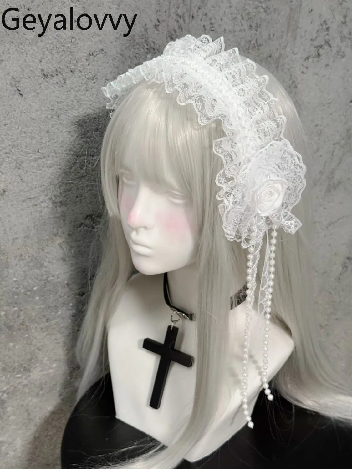 

Original Handmade Pure White Lace Headband Female Lolita Girl Bow Pearl Rose Fringed Headband Goth Y2k Headgear Hair Accessories