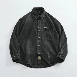 Loose sleeved fashion denim shirt jacket menswear top Heavy thick make old wash black gray shirt