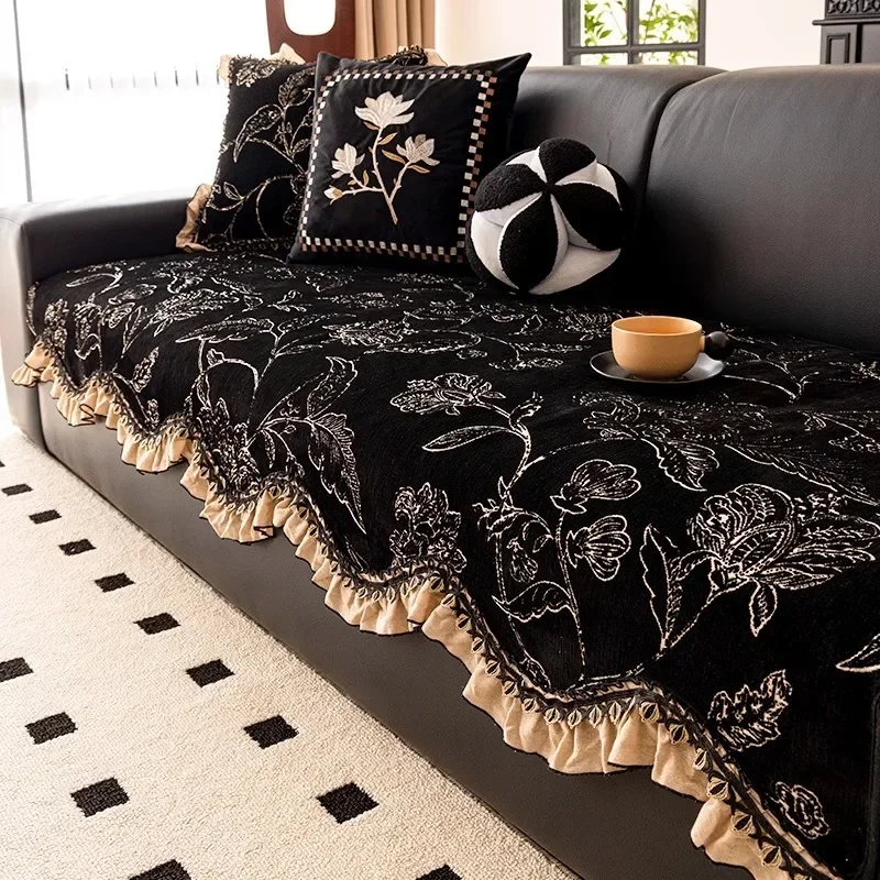 Classical Printed Sofa Cushion with Lace High-End Chenille Wear-Resistant Couch Covers Easy-Care Anti-Slip Protection Seat Pads