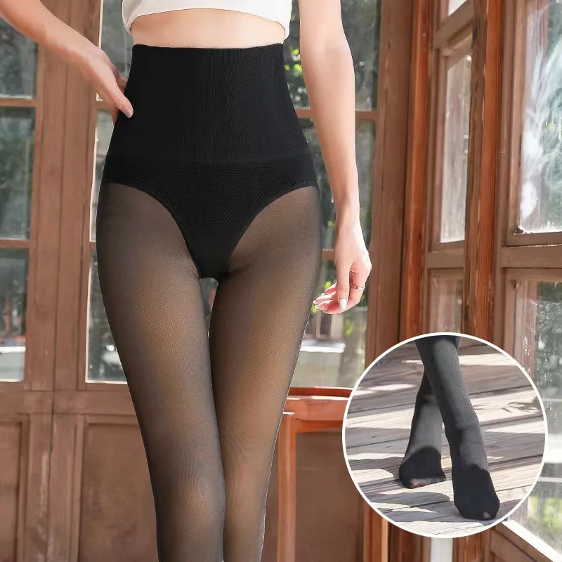 Autumn and Winter Gray See-through Leggings Socks for Women Fleece-lined Thick High Waist Belly Contracting