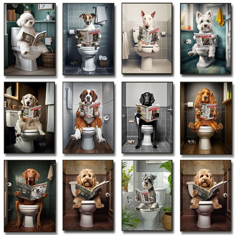 Funny Bathroom Poster Dog Reading Newspaper On Toilet Prints Pet Owner Gift Canvas Painting Wall Art Picture Home Bathroom De