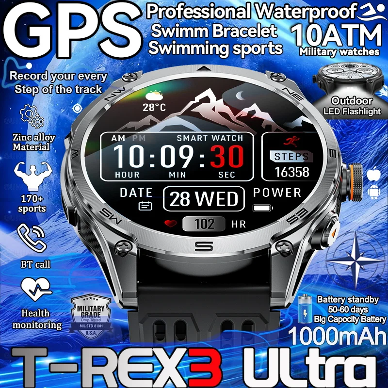 Nuovo 1.75 ''AMOLED Schermo Astuto Della Vigilanza 10ATM Bussola Impermeabile GPS tracker orologio chiamata 1000mAh Batteria Braccialetto Sportivo 2026 Per Gli Uomini