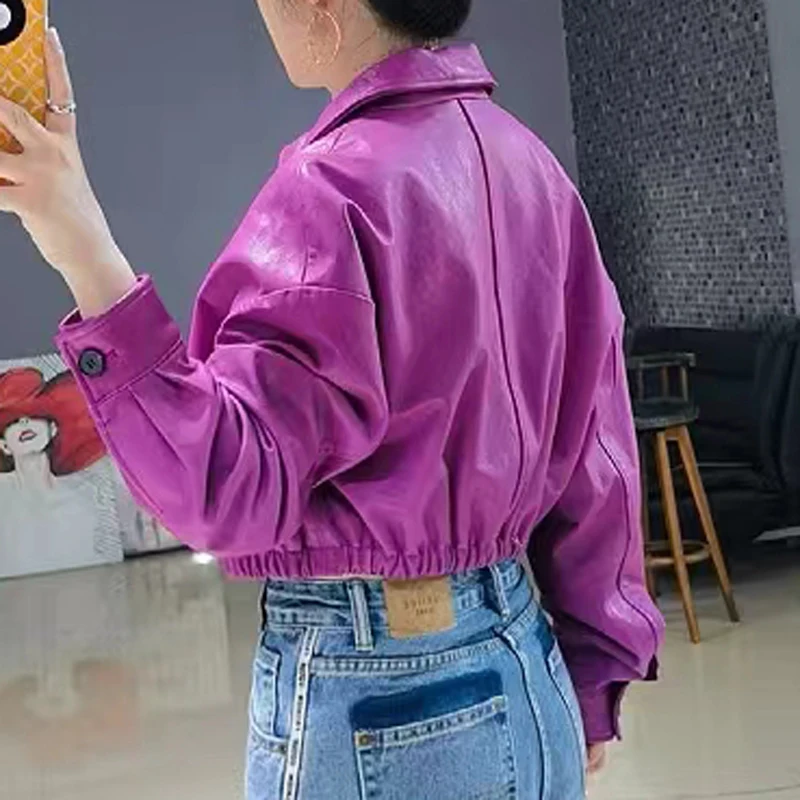 2024 Leather Clothing for Women Female Genuine Sheepskin Purplish Red High Waisted Short Jacke Motorcycle Practical Coat