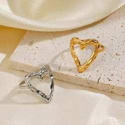 2024 New Fashion Minimalist Hollow Heart Rings for Women Stainless Steel Punk Kpop Adjustable Finger Ring Party Jewelry Gifts