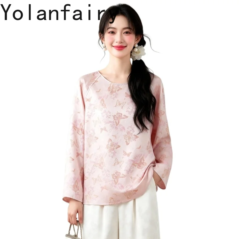

YOLANFAIRY 100% Real Mulberry Silk Blouse Woman Elegant 2026 Fashion Shirts Womens Tops Jacquard Satin Shirt O-neck Pink Blouses