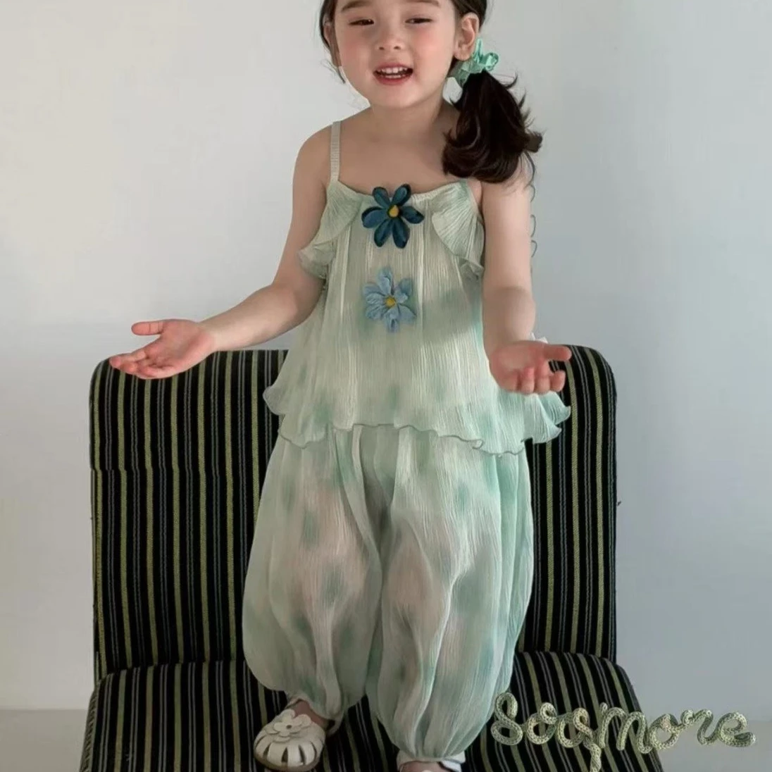 Girls Set 2026 Spring and Summer New Childrens Clothing Korean Girl Baby Flower Paneling Faint Dye Suspender Pants Two Sets