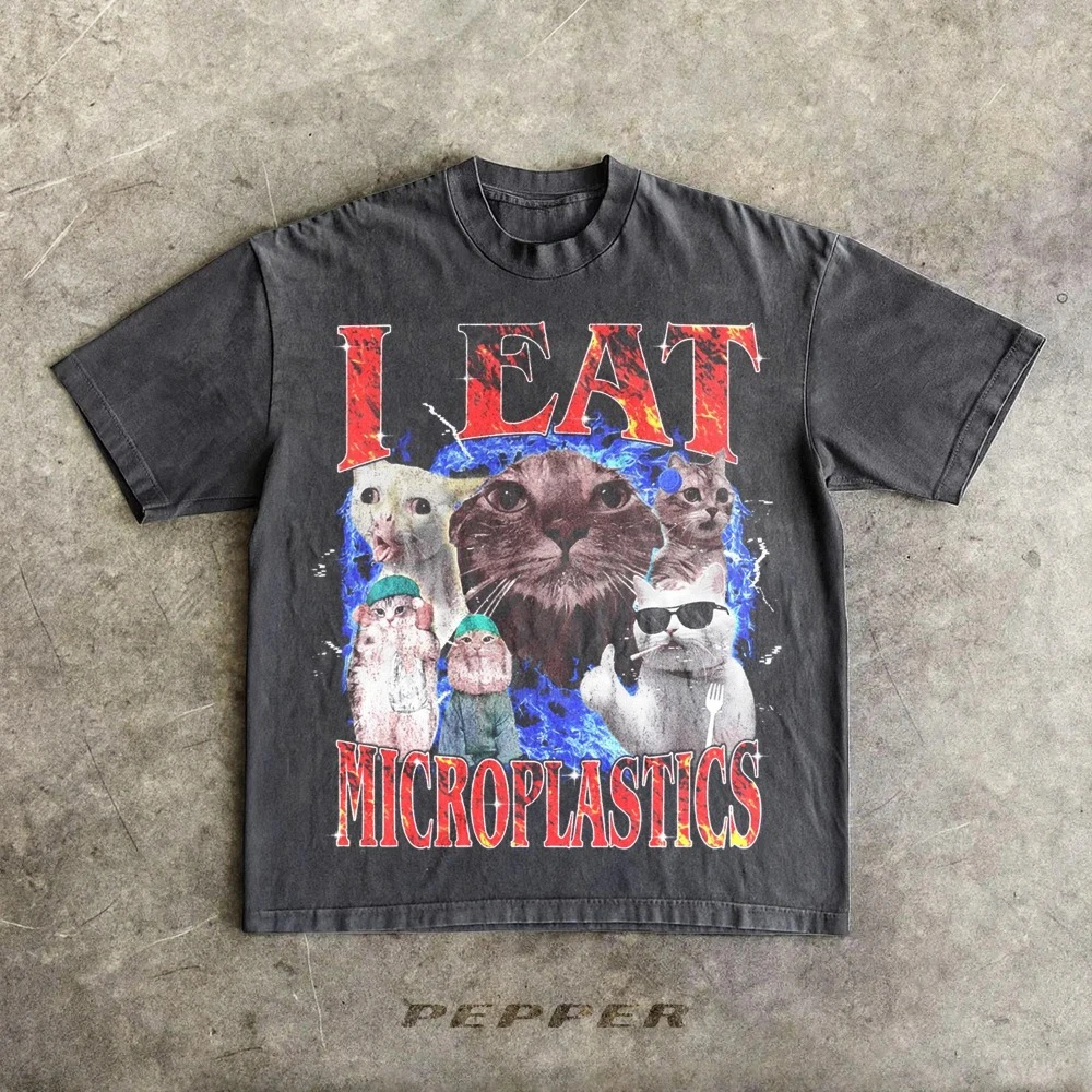 Cursed Cat Shirt I Eat Microplastics Graphic Tee for Men Women Funny Meme T-Shirt Sarcastic Weirdcore Top