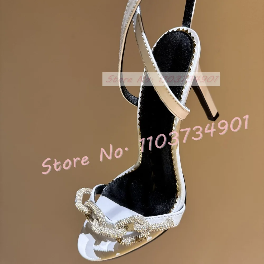 Crystal Chain Cross Strap Sandals In Gold Women Real Leather High Heels Shoes Ladies Luxury Open Toe Ankle Strap Metallic Shoes