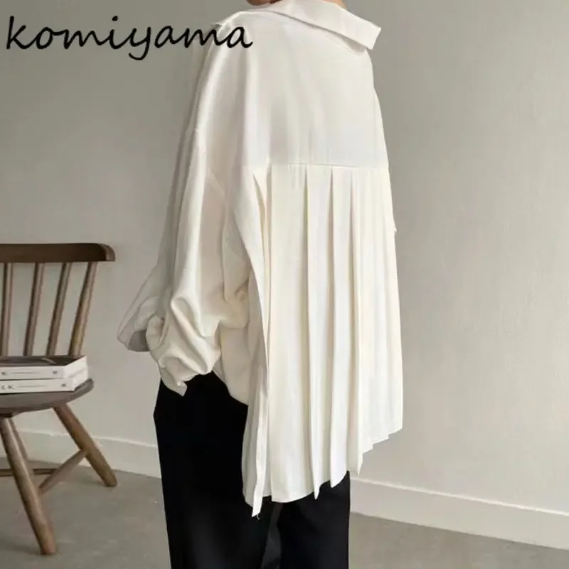 Komiyama Korean Chic Back Pleated Design Blusas Mujer Loose Casual Shirts Blouses Lapel Long Sleeve Tops Spring New Shirt