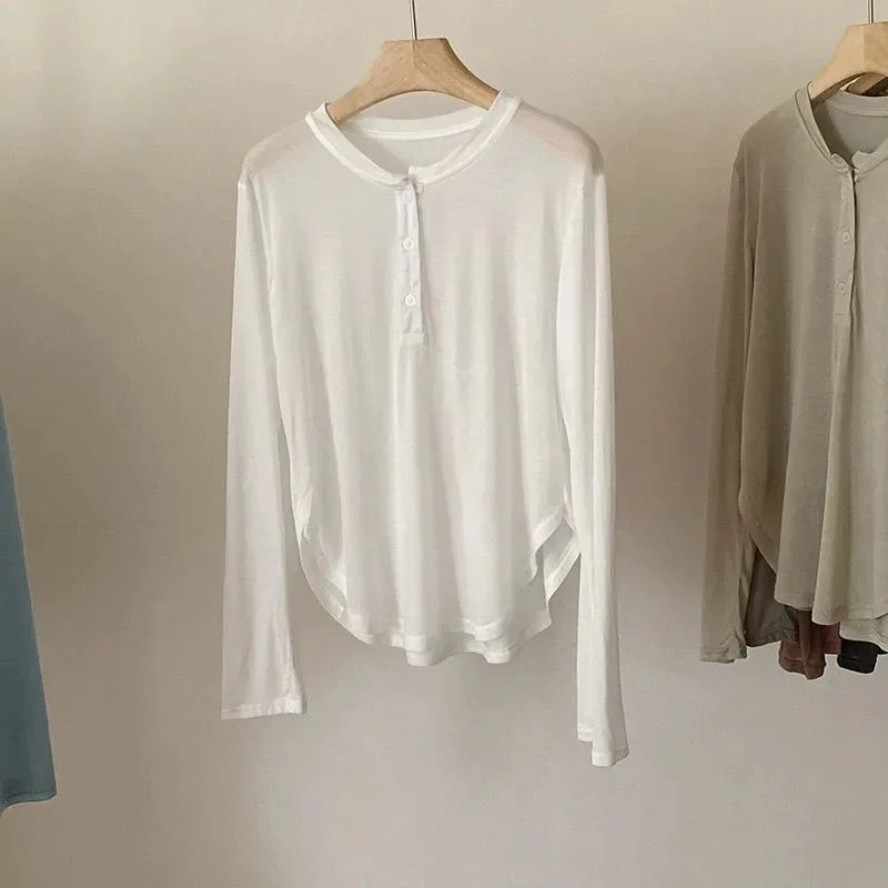 Women's Henley Collar Long Sleeve Sun Protection Shirt Loose Solid Sheer Ice Silk Casual Cover Up Summer Top