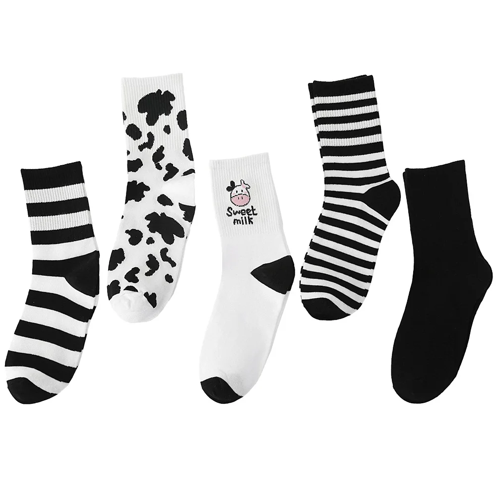 

5 пар черно-белых хлопковых носков с коровьим узором, дышащие повседневные женские носки до середины икры, носки до середины икры