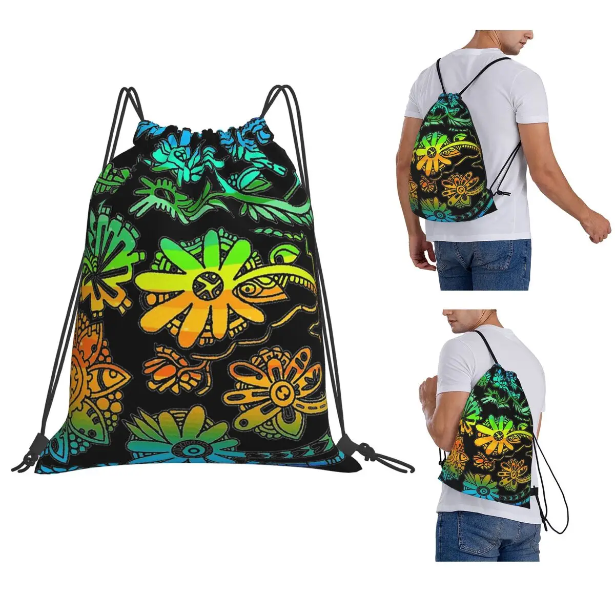 Quirky Flowers Backpacks Portable Drawstring Bags Sundries Bag Book Bags for Travel School