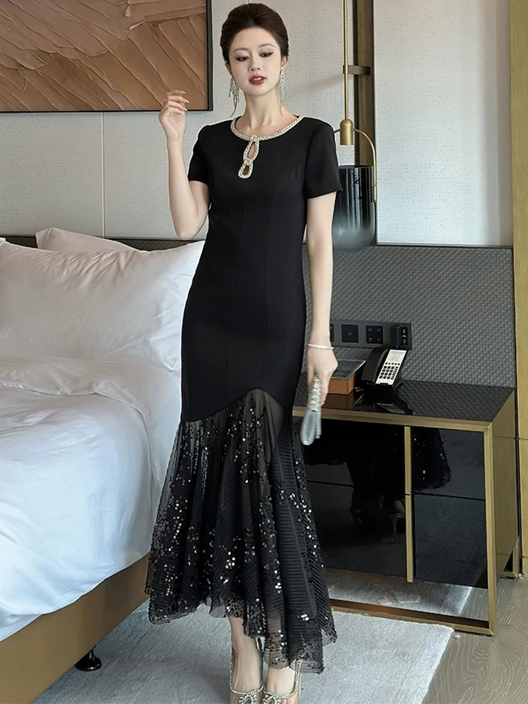 Damska Luksusowa Elegancka Czarna Sukienka z Cekinami, Nieregularny Krój Rybki, Damska Szykowna Ażurowa Przezroczysta Sukienka z Siateczki, Długa Suknia Wieczorowa dla Pani, Vestidos na Imprezę