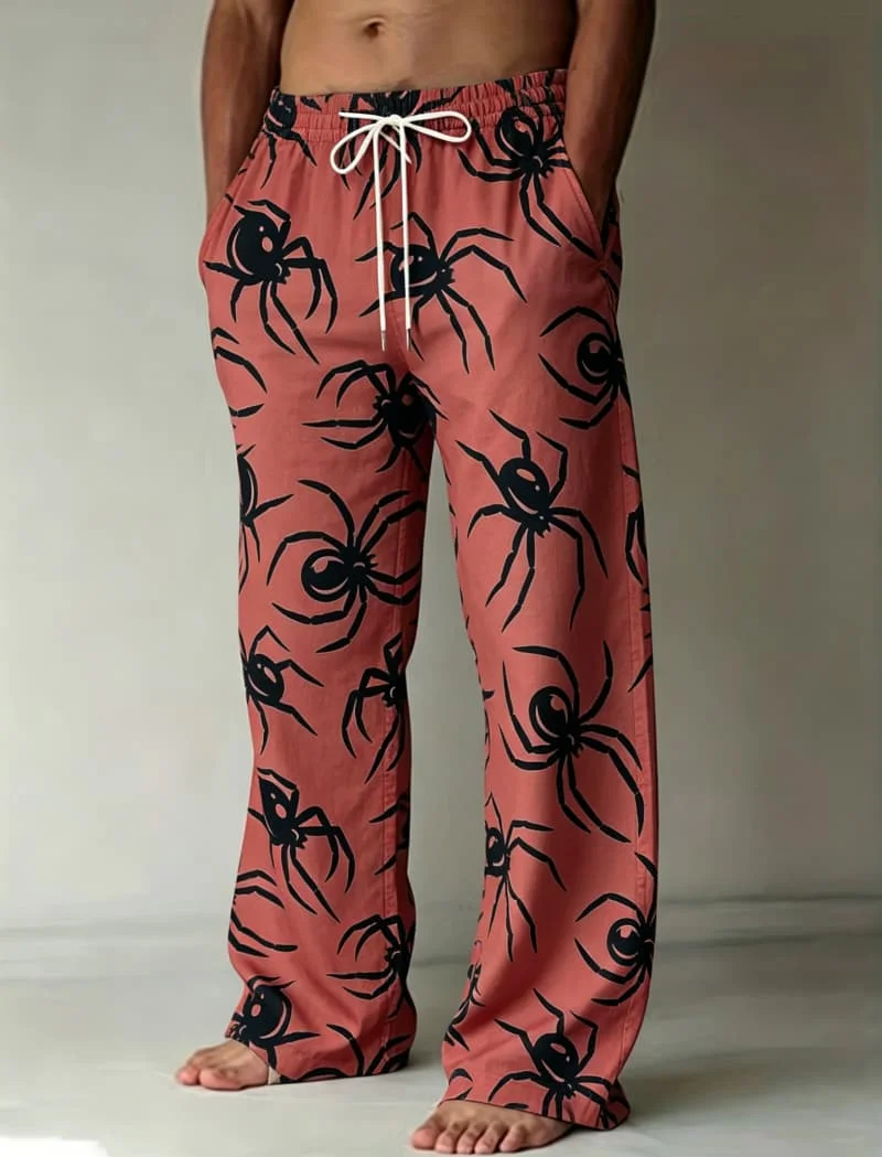Men's Halloween spider print casual pants, loose drawstring style, suitable for Halloween parties, events, and daily wear