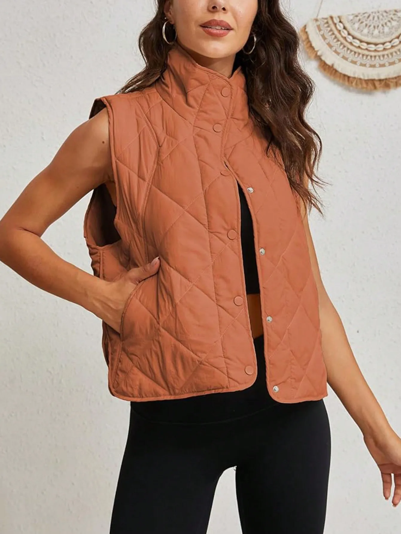 

Women's Quilted Puffer Vest with Stand Collar, Button Front & Pockets - Lightweight Sleeveless Gilet