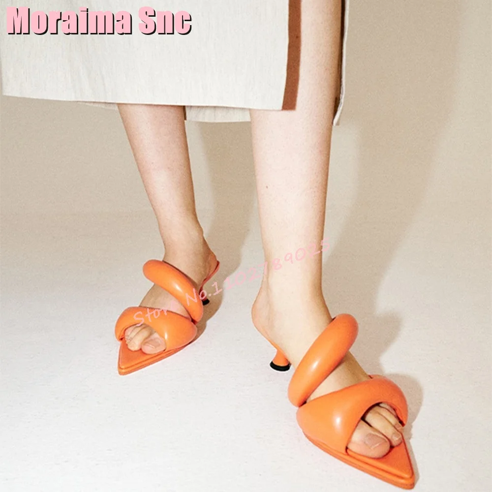 2024 New Fluffy Pointed Open Toe Slippers Strange Kitten Heeled Fashion Orange Solid Casual Outdoor Sexy Women Shoes Summer