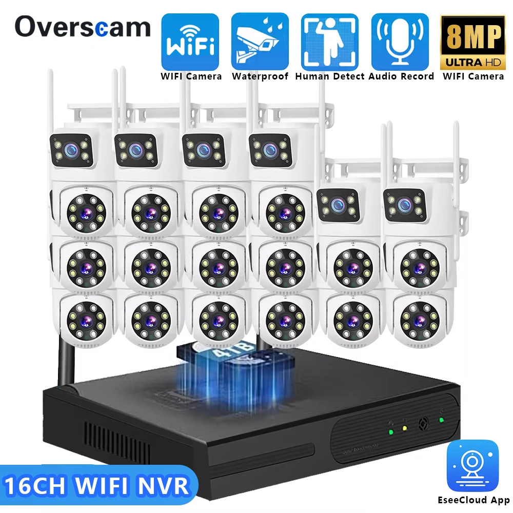 16CH WIFI NVR Dual Lens Wireless CCTV Surveillance Kit Auto Tracking Color Night Vision P2P 4K 8MP PTZ IP Camera Security System