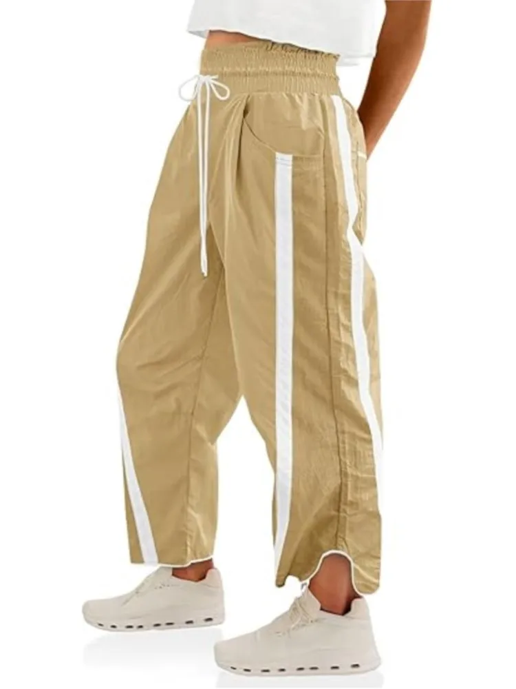 

Новые модные свободные брюки с широкими штанинами для женщин, удобные повседневные брюки на шнурке с эластичным поясом, контрастные цвета, спортивные брюки для тренировок.