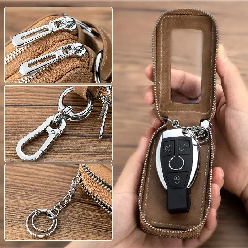 Genuine Cow Leather Home Car Keys' Bag Double Pocket Zipper Mini Wallet Earth Yellow Men Women's Key Holder Transparent Pocket 6