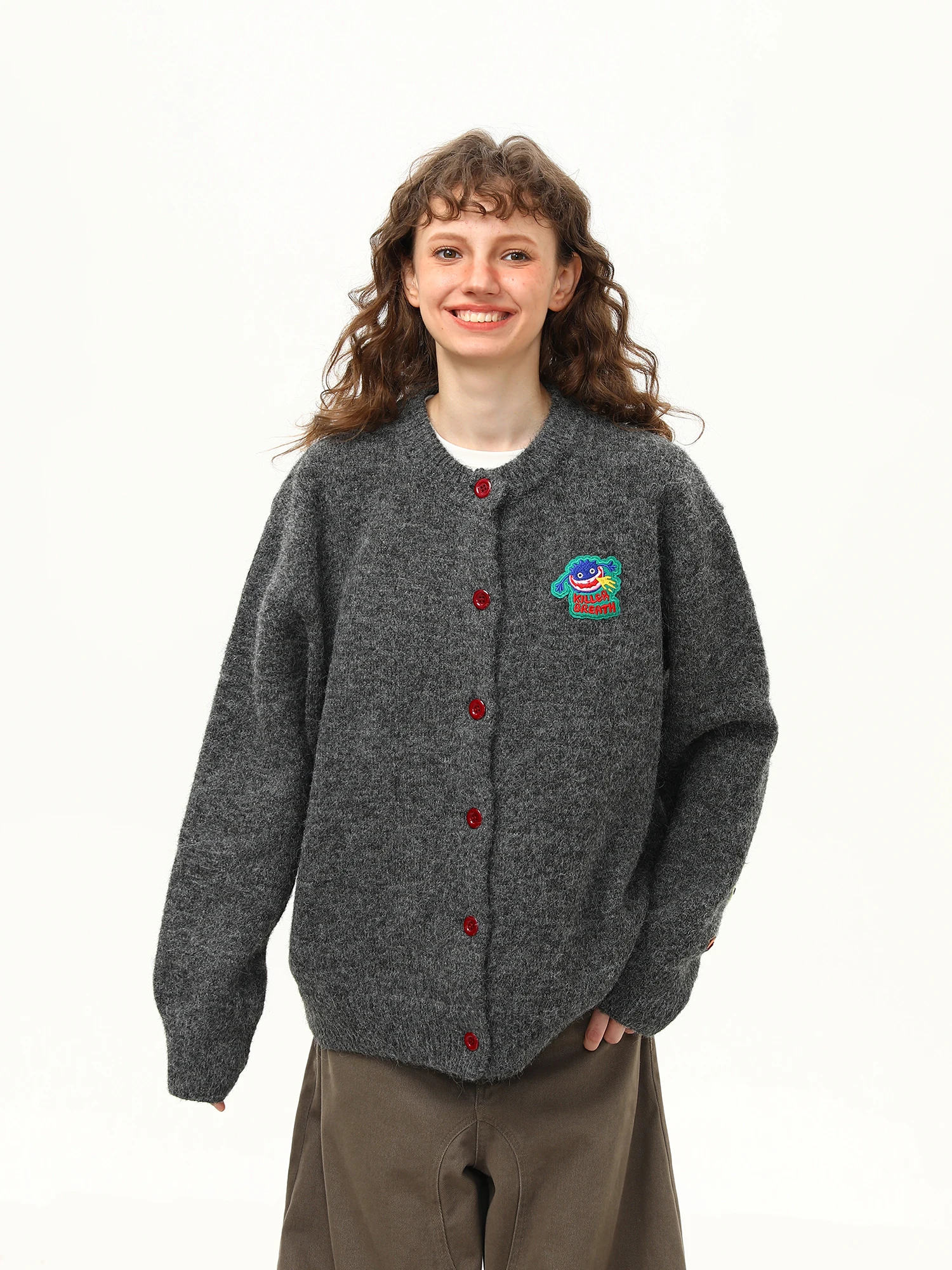 

Женский вязаный кардиган Wild Azi в стиле ретро с мультяшной вышивкой, свободного кроя, для ранней осени, модный, в стиле lazy, с длинными рукавами, круглый вырез горловины