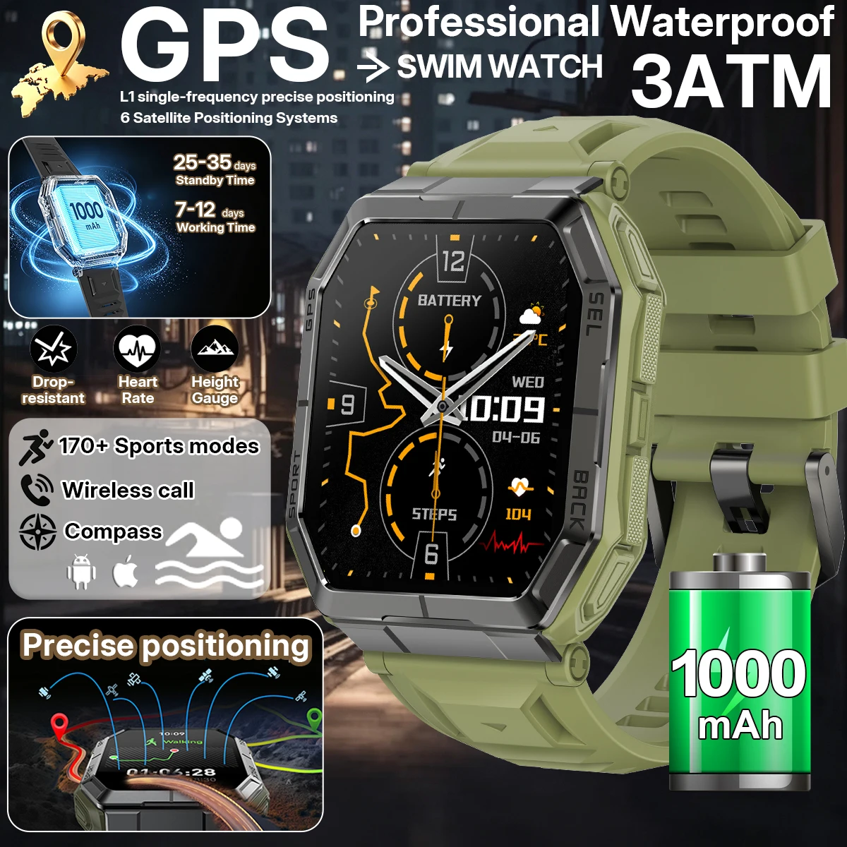 LIGE GPS 1000mAh Battery Smart Watch Military Grade 3ATM Waterproof Compass Altimeter Barometric 1.95