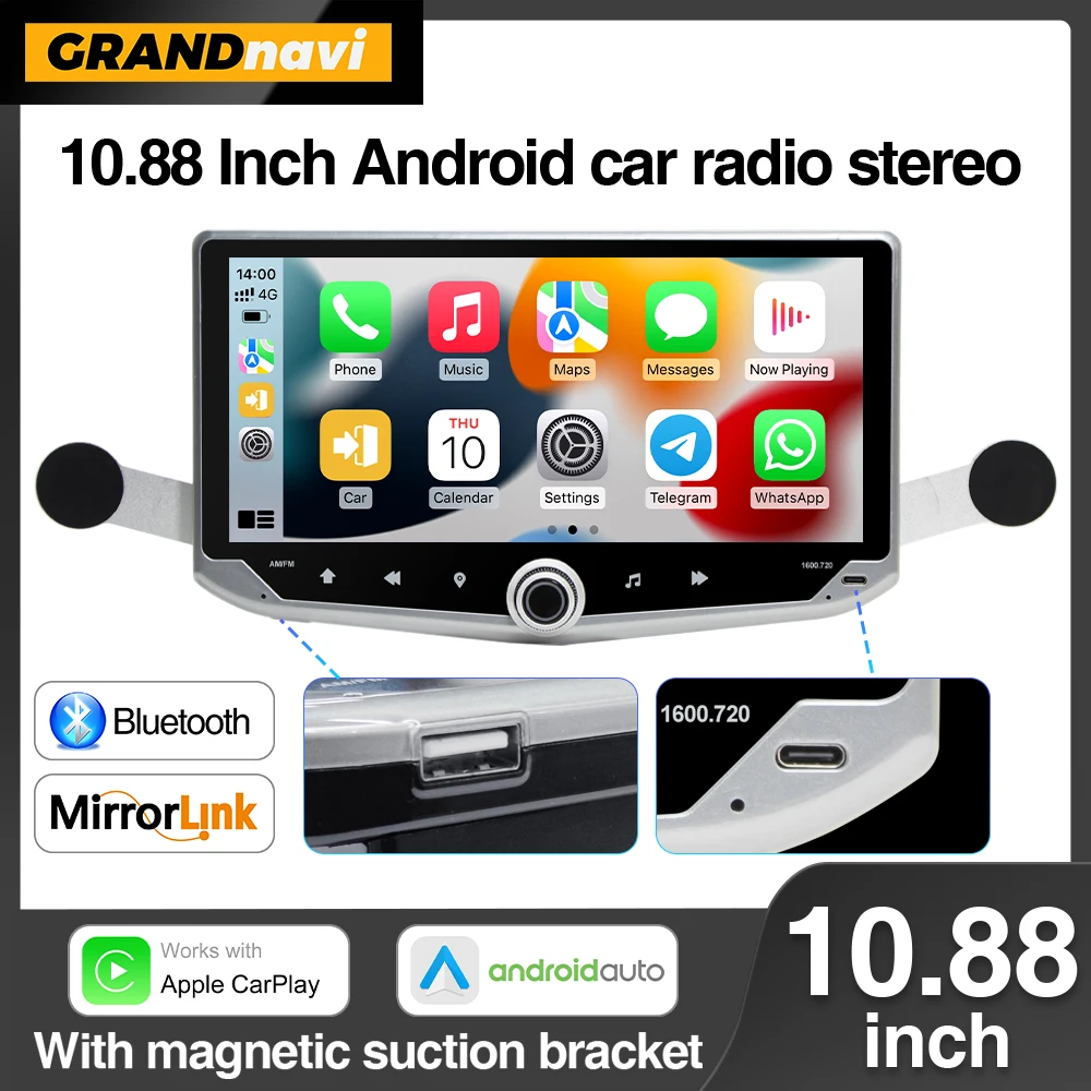 2DIN 10.88inch Android 13 Car Radio Stereo Multimidia 4G Wireless CarPlay Android Auto With Mobile Holder Type-C Charge WIFI GPS