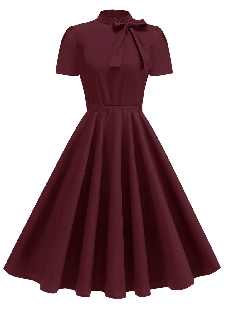 

Red Blue Green Vintage Style Pleated Dress Bow Tie Neck Button Up Elegant Women Summer Belted Pinup 60s 50s Rockabilly Dresses