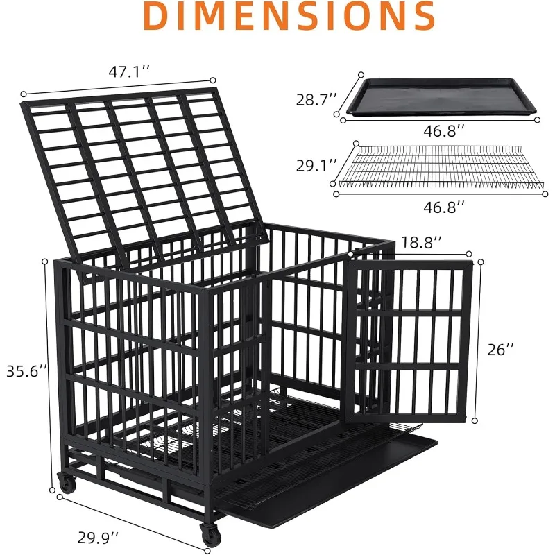 48 inch Heavy Duty Dog Crate, Indestructible and Escape-Proof Dog Crate Cage Kennel with Lockable Wheels, Black