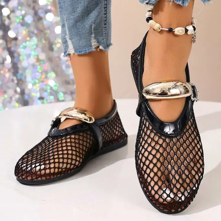 Net Flat Fashion Sandals New Summer Round Head Breathable Line Button Mary Jane Fishnet Shoes Ladies Shoes Multicolor Large Size