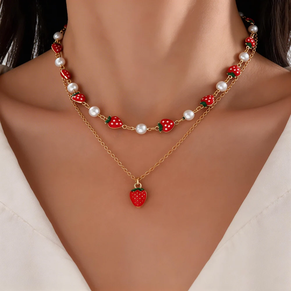 2Pcs Layered Strawberry Pearl Necklace Set for Women Cute Sw