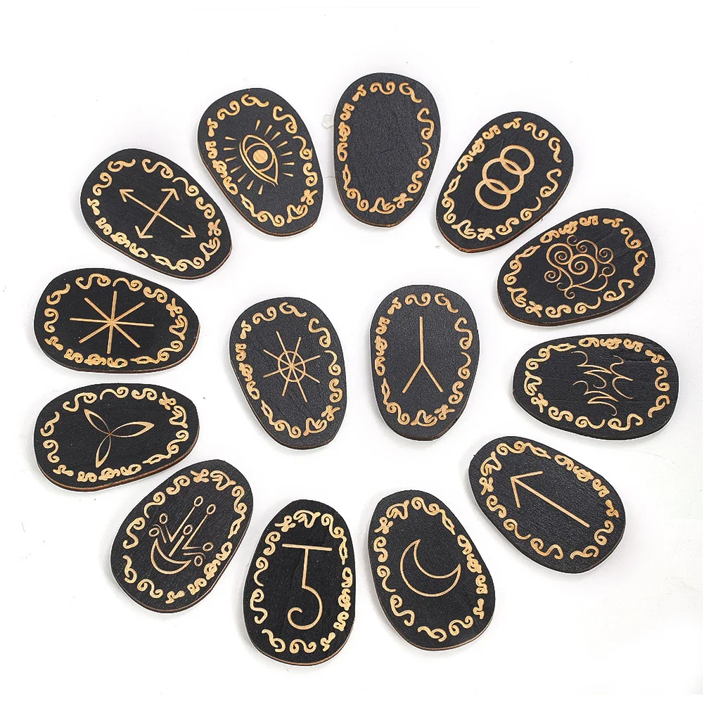 14PCS Lune Ruini Black Set Wooden Wooden Carved Runes Meditation Witch Altar Decorations Party Table Games Astrology Props