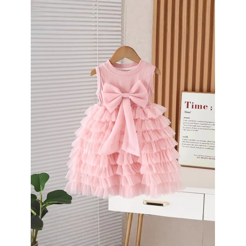 Children's Tulle Cake Dress2025New Summer Girls' Sleeveless Bowknot Dress Versatile Puffy Long Dress