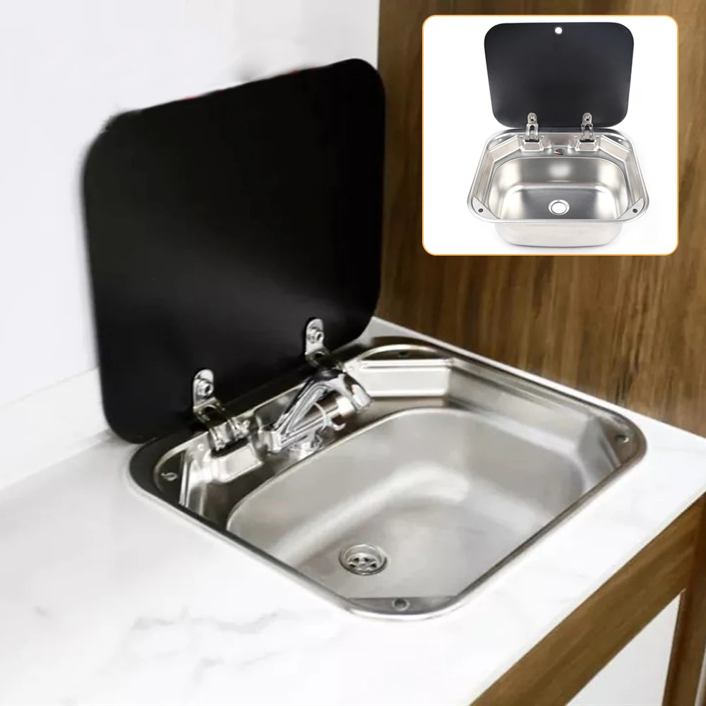 

RV Caravan Camper Kitchen Basin Sink Stainless Steel and Glass Lid and Cold and Hot Faucet