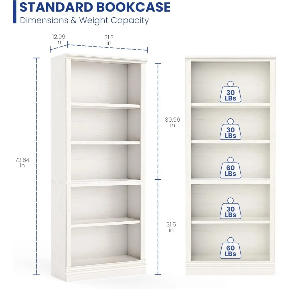 Large Cream White 72" Tall 5-Shelf Open Storage Bookcase