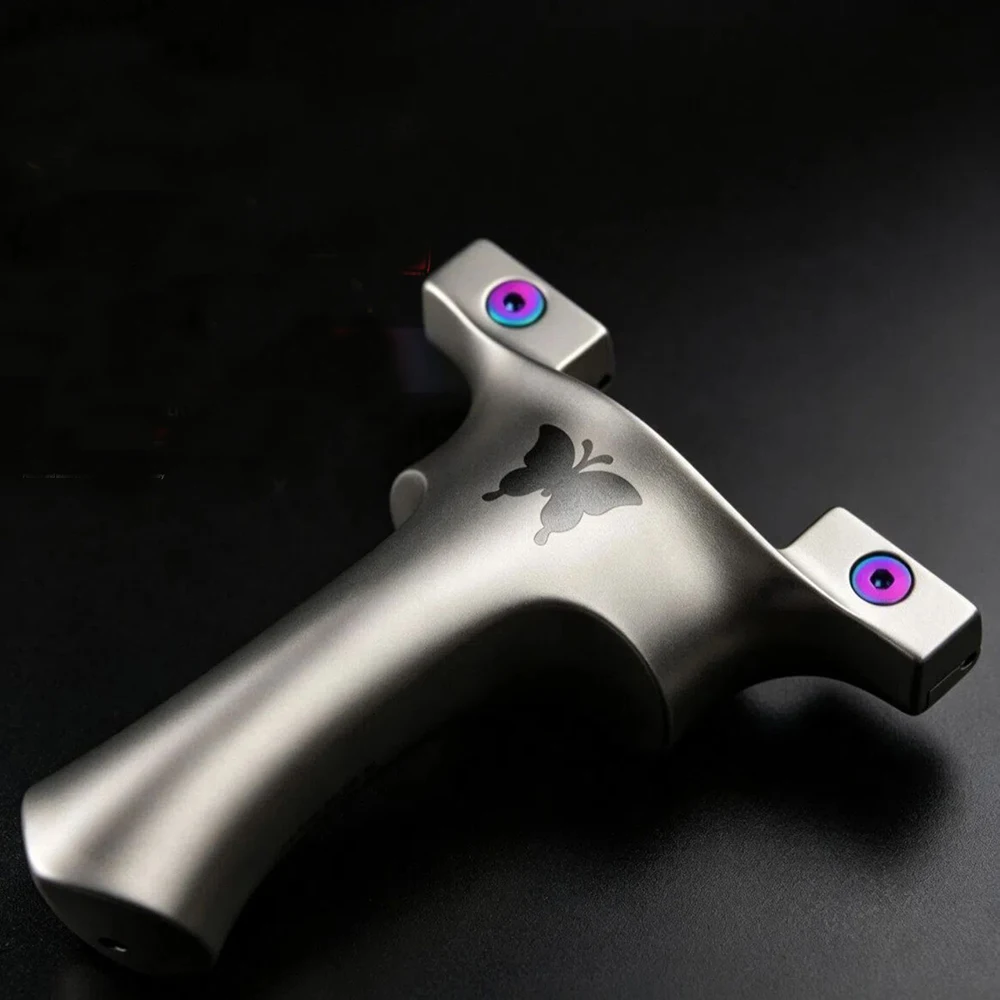 Stainless Steel Y-Shaped Slingshot with Flat Top Clamp & Engraved Butterfly Graphic for Outdoor Practice