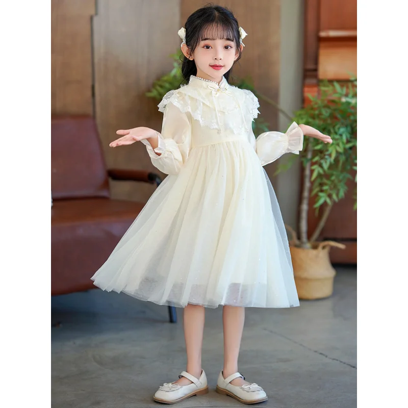 فستان الأميرة للفتيات للربيع والخريف بنمط جديد على الطراز الصيني الجديد من الدانتيل بكتف سحابة وأكمام طويلة #2