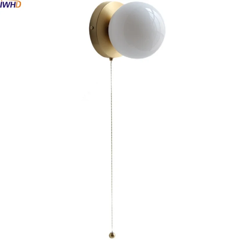 

IWHD White Glass Ball LED Wall Lamps Art With Switch Kids Living Room Vintage Brass Home Decor Items Stair Light Lampara Pared