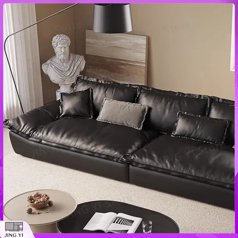 Italian Minimalist Leather Sofa First Layer Cowhide Straight Living Room Sofa Deep Seating Three Person Sofa Modern Sectional